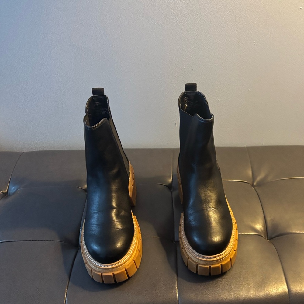 Black Leather Ankle Boots with Tan Soles